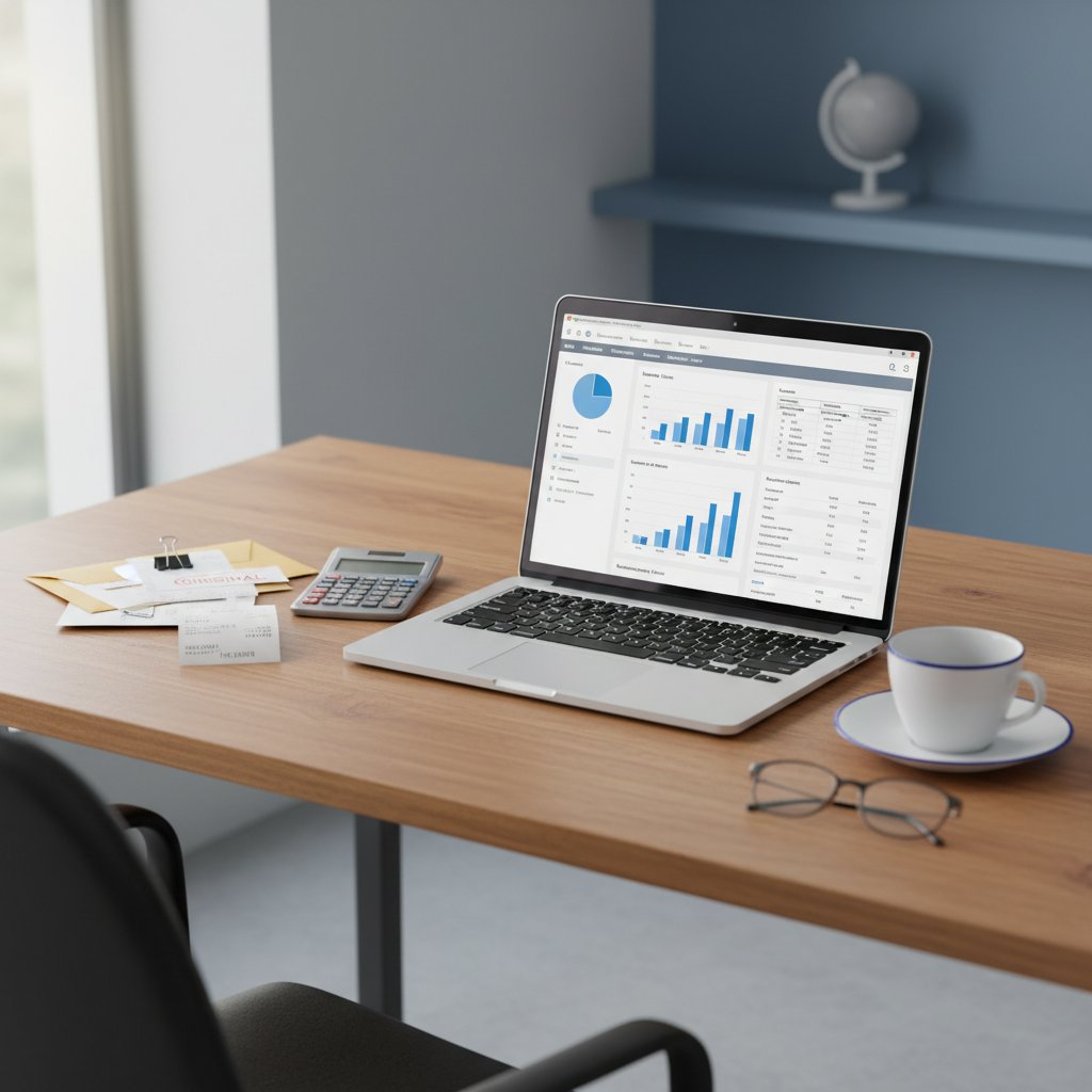Aufgeräumter Schreibtisch mit Laptop, Belegen und Buchhaltungssoftware
